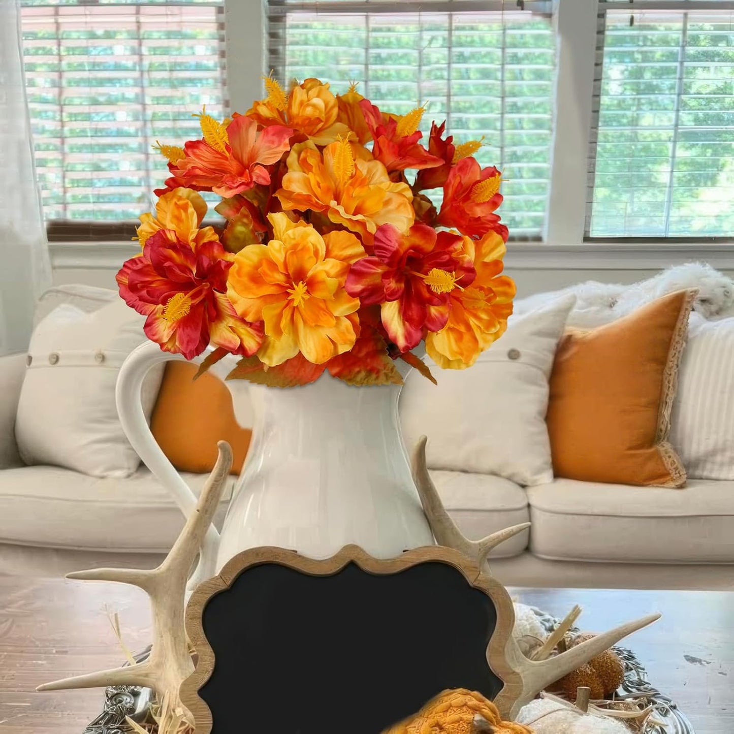 2 Pcs Fake Fall Flowers Artificial Plants for Outdoors Decoration Autumn Silk Hibiscus Flower Realistic Faux Fall Flowers for Outdoor Planters Outside Pot Balcony Yard Porch Cemetery Decor
