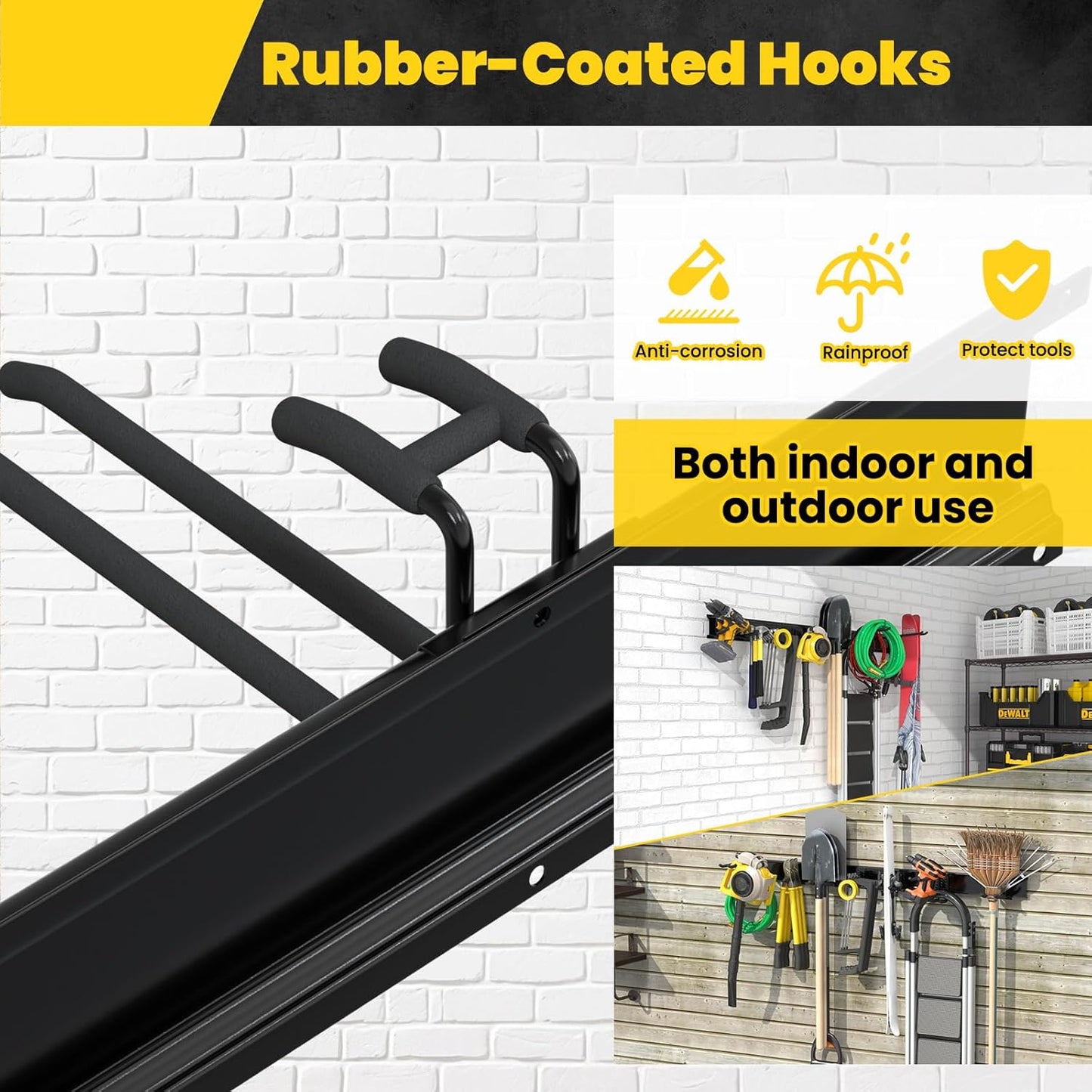 Garage Wall Organizers, 48'' Yard Tool Organizer Wall Mount with 7 Storage Hooks, Sturdy Easy Assembly Heavy Duty Garage Organization, Garden Lawn Tool Organizer for Tools, Skis, Ladders