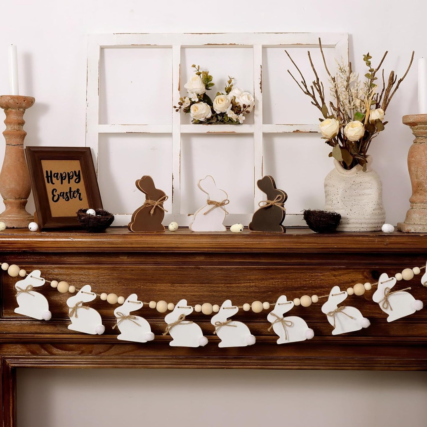 Easter Decorations Garlands, Cute Bunny Easter Garland with Wooden Beads, Rustic Banner for Mantel, Fireplace, Wall, Home, Farmhouse, Office, School Indoor Spring Decor Supplies
