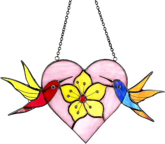 Pair of Hummingbirds Stained Glass Window Hanging - Gifts for Women, M