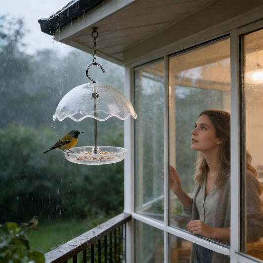 Hanging Platform Bird Feeder with Rain Shield, Adjustable Outdoor Seed Tray Feeder with Clear Dome, Large Capacity Plastic Bird Feeder for Wild Birds, Garden Porch Balcony