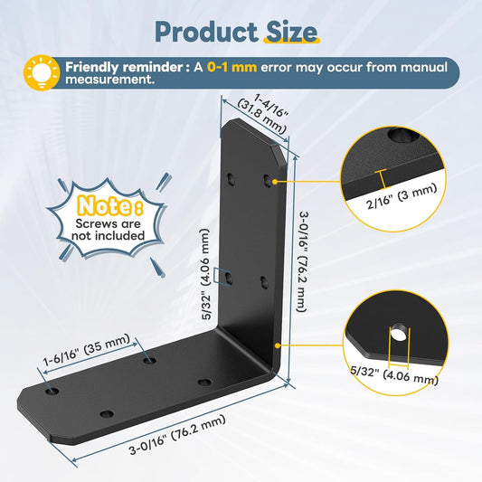 3"×3"×1.2" L Bracket for Wood, 90 Degree Angle Bracket, Galvanized Corner Brace for Wood Post, Floating Shelves, Raised Garden Bed, Cabinet, Table, Furniture (Black-4PCS)