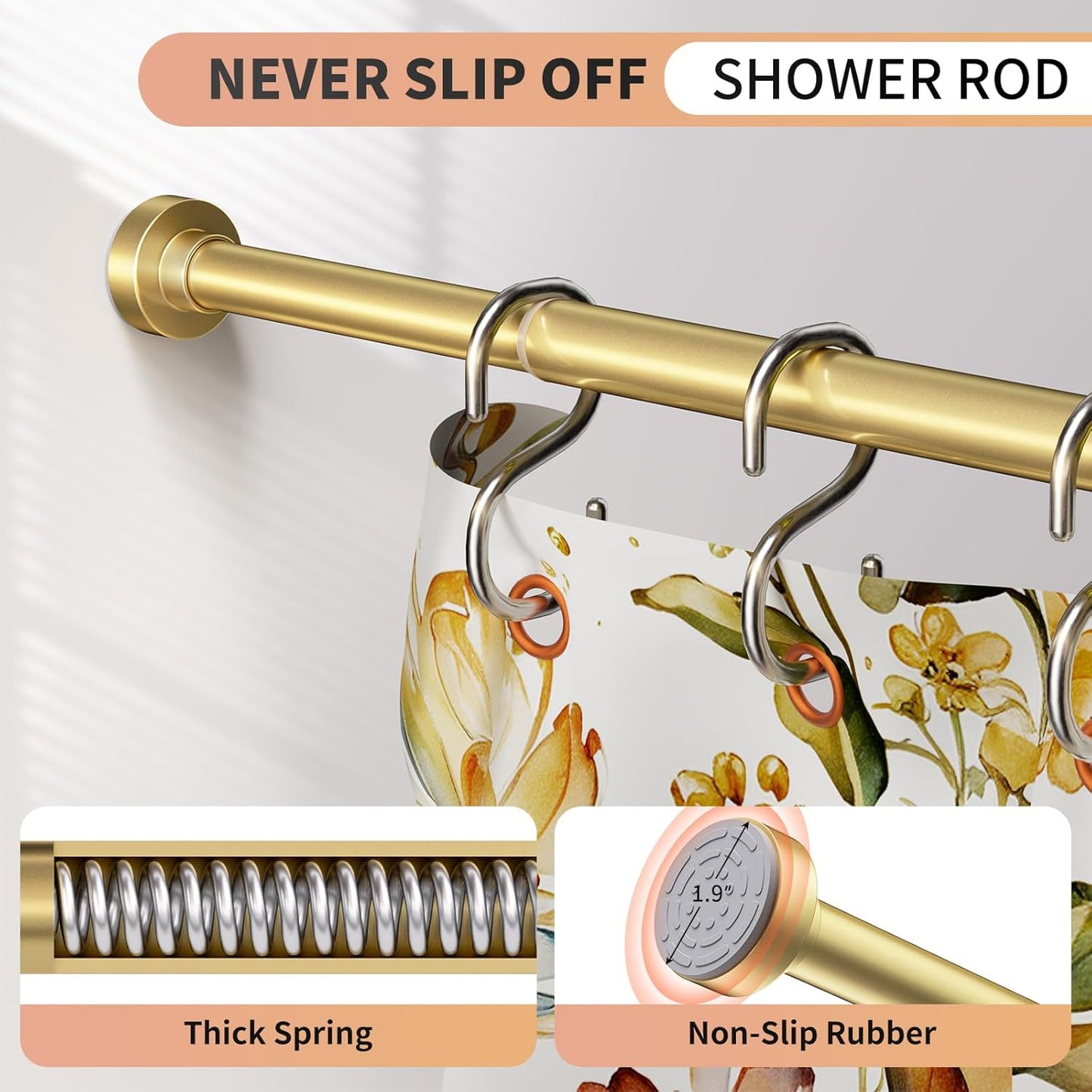 Gold Shower Curtain Rod 34-66 Inches(2.8-5.5ft) Never Rust Adjustable Shower Rod Spring Tension Non Slip No Drilling Shower Rods for Bathroom Garland Window