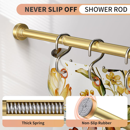 Gold Shower Curtain Rod 34-66 Inches(2.8-5.5ft) Never Rust Adjustable Shower Rod Spring Tension Non Slip No Drilling Shower Rods for Bathroom Garland Window