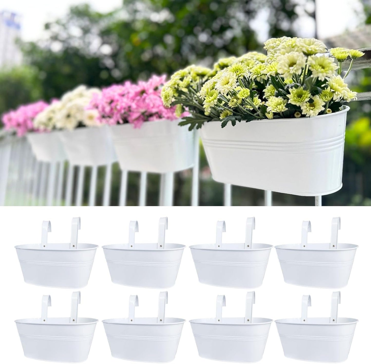 LaLaGreen Rail Planters for Outdoor (8 Pack, 11.2 Inch) White Metal Iron Hanging Flower Pots, Strawberry Planter Deck Railing Fence Bucket Modern Stylish Wall Mount Window Box Plant Holder Porch Decor