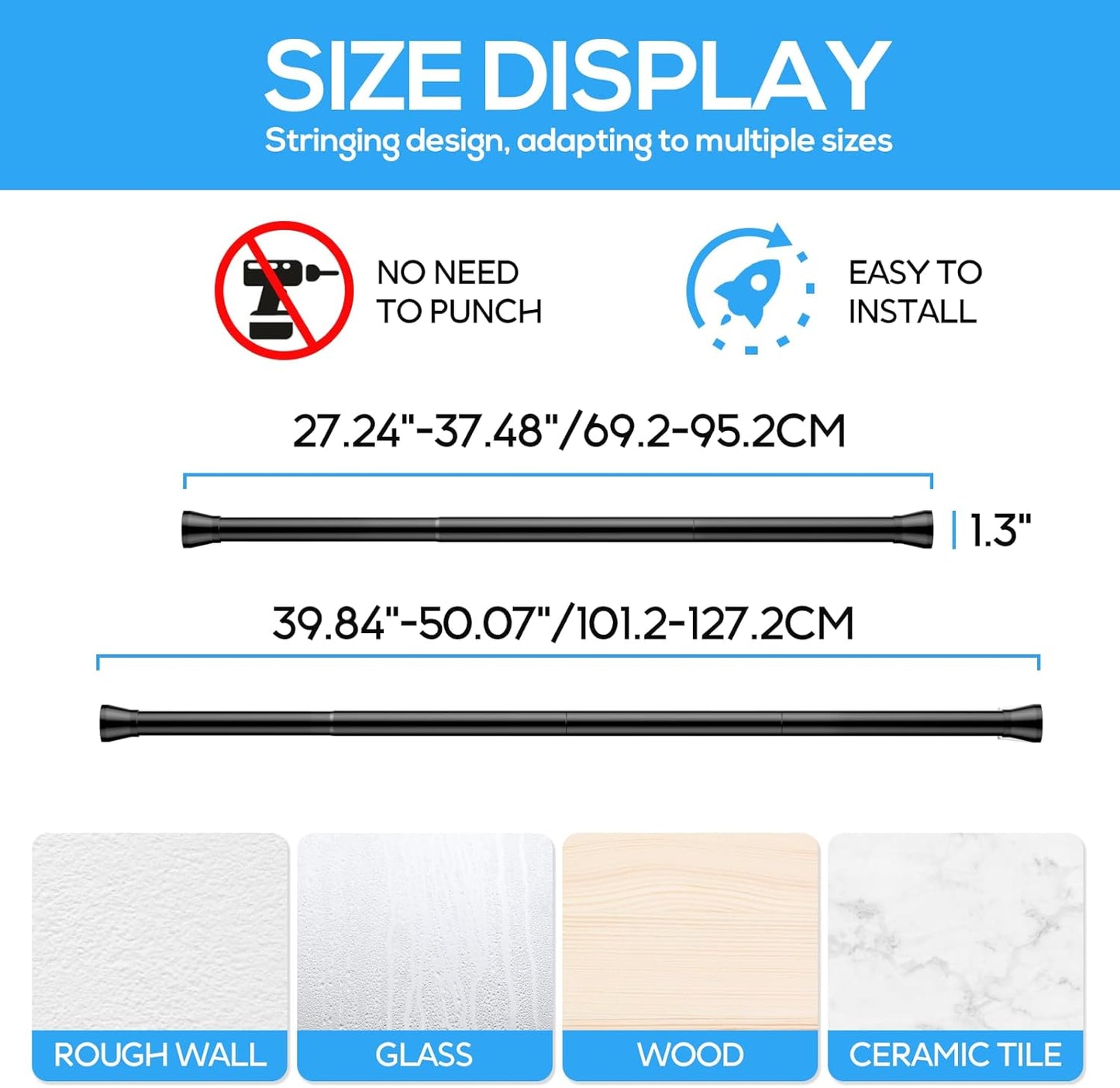Tension Curtain Rod Black Tension Rod 28 To 48 Inch Spring Curtain Rods Non Slip Tension Rods 1pcs For Windows No Drilling Adjustable Tension Rods of Curtains Window Closet Kitchen Wardrobe