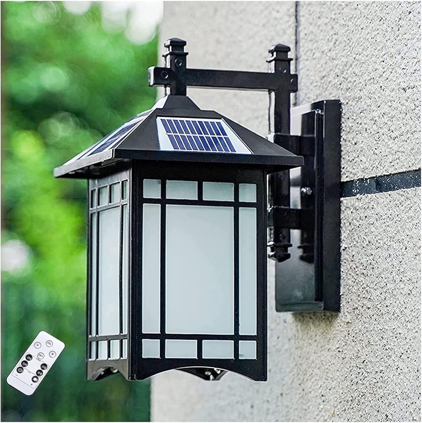 Outdoor Solar Wall Lantern Dimmable Lamp Vintage with Remote Control Lighting Waterproof Aluminum for Garden Sconce(Black)