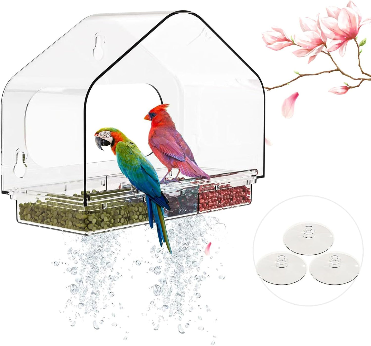 Window Bird Feeder Viewing Box - 10x7 Inches Acrylic Window Bird Feeder with 4 Strong Suction Cups, 3 Compartment Trays, Clear Birdfeeder with Enhanced Grip, Watching Cardinal for Cat