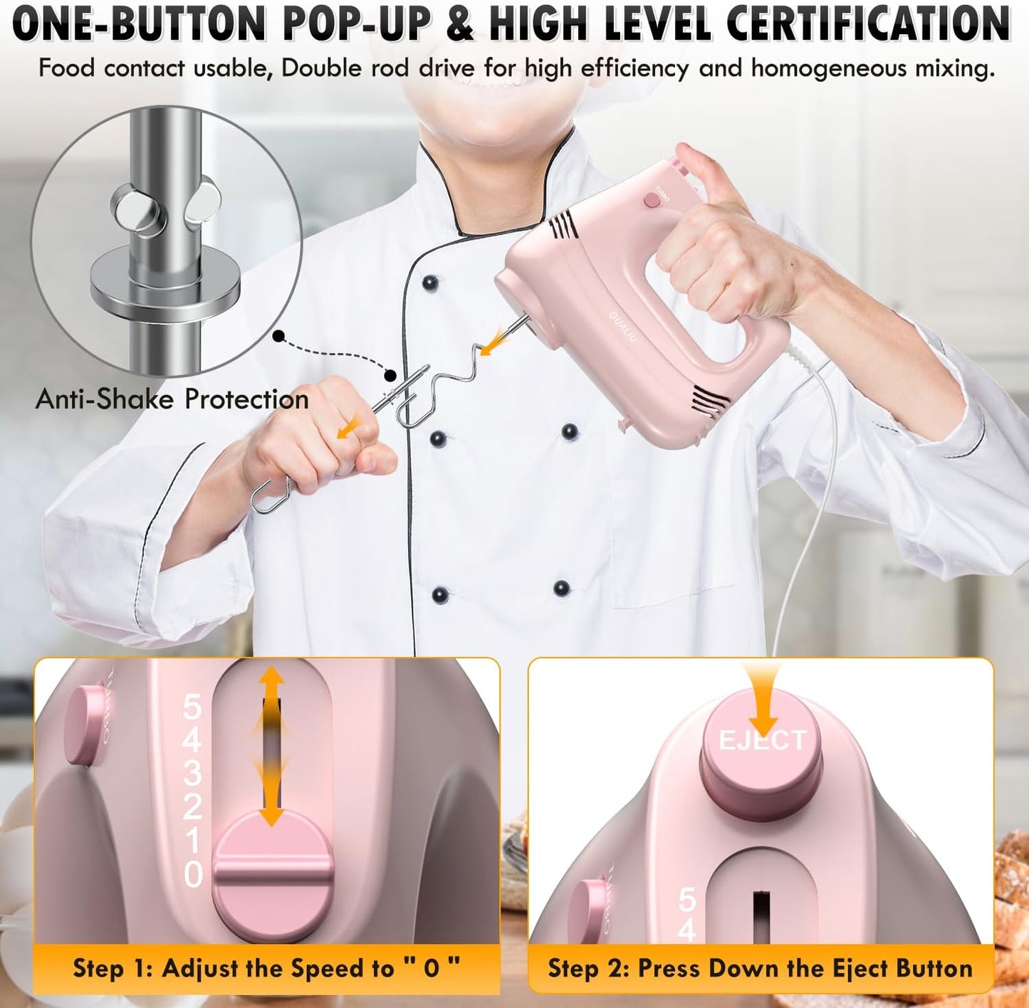 Electric Hand Mixer with Stainless Steel Whisk, Dough Hook Attachment 