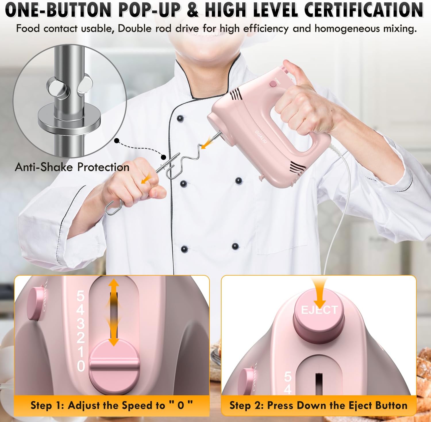 Electric Hand Mixer with Stainless Steel Whisk, Dough Hook Attachment 