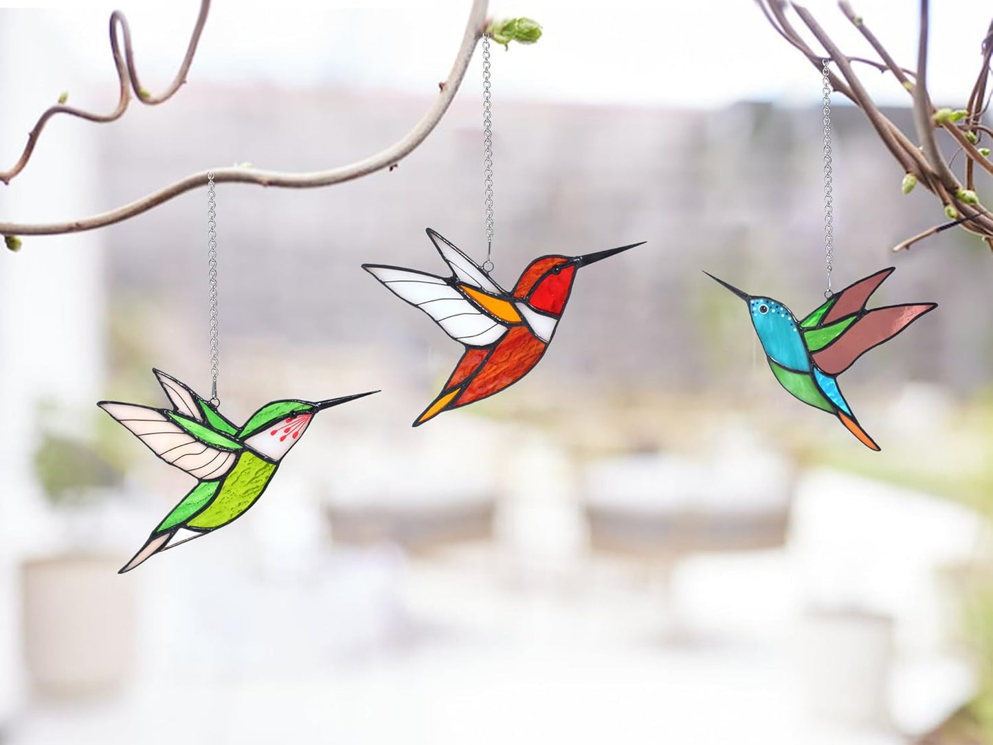 Lolitarcrafts Hummingbird Stained Glass Window Hangings Bird Stained Glass Suncatchers Hummingbird Gifts for Mom,Bird Lovers (Green)