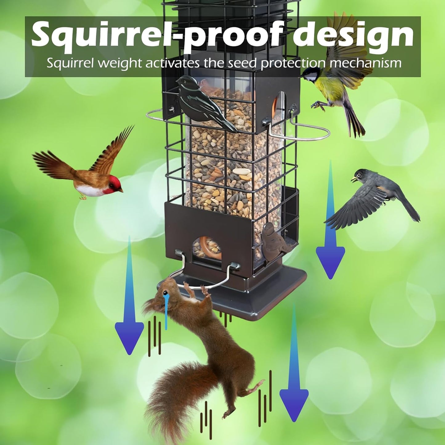 Squirrel Proof Bird Feeders for Outdoors Hanging, Metal Wild Bird Feeder with 4 Feeding Ports | 2.5 LB Capacity, Weather-Resistant for Year-Round Use,Dark Grey