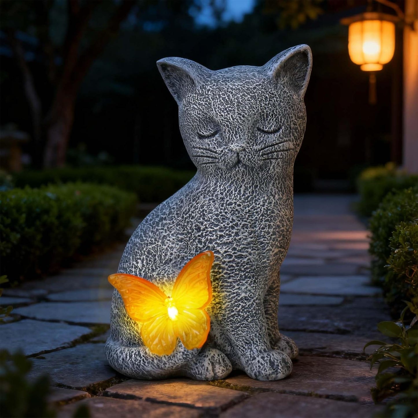 Solar Cat Garden Decor with Butterfly Light, Outdoor Decor Statues Yard Art Decorations Lawn Porch Patio Balcony, Gardening Gifts Birthday Choice for Cat Lover Women, Mom, Grandma