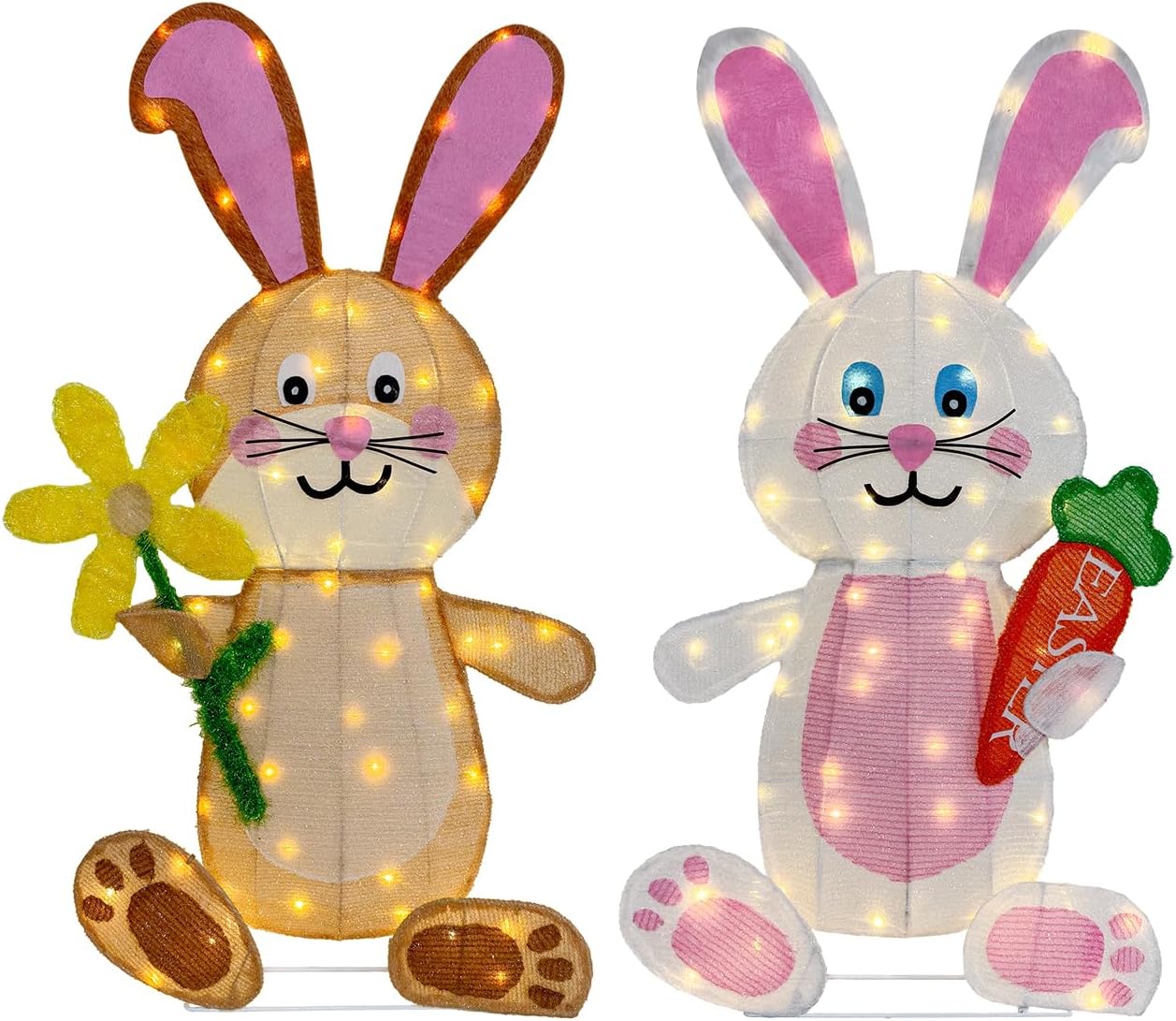 Easter Decorations Outdoor Yard Decor, Set of 2 Lighted Bunny Ornament for Porch Lawn Patio Garden, 120 LED Lights, 35 Inch, Rabbit Gifts for Women Mom, with Carrot & Blossom