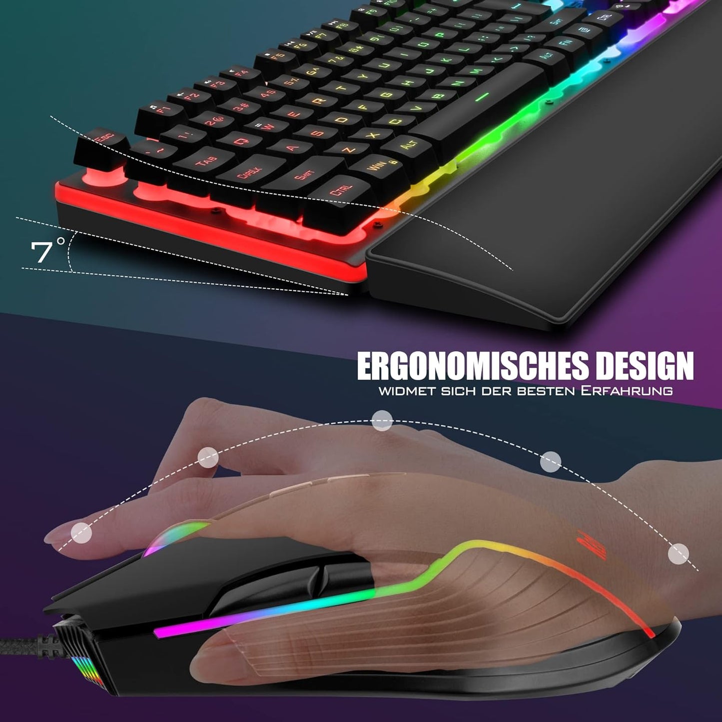 RedThunder K10 Wired Gaming Keyboard and Mouse and Wrist Rest Combo, R