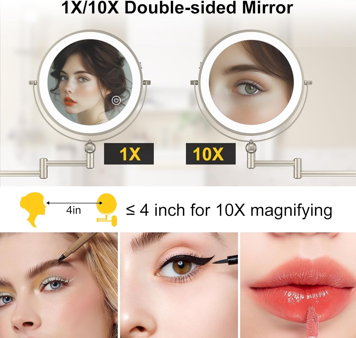 9" Wall Mounted Lighted Makeup Mirror,4000mAh Rechargeable Double Side