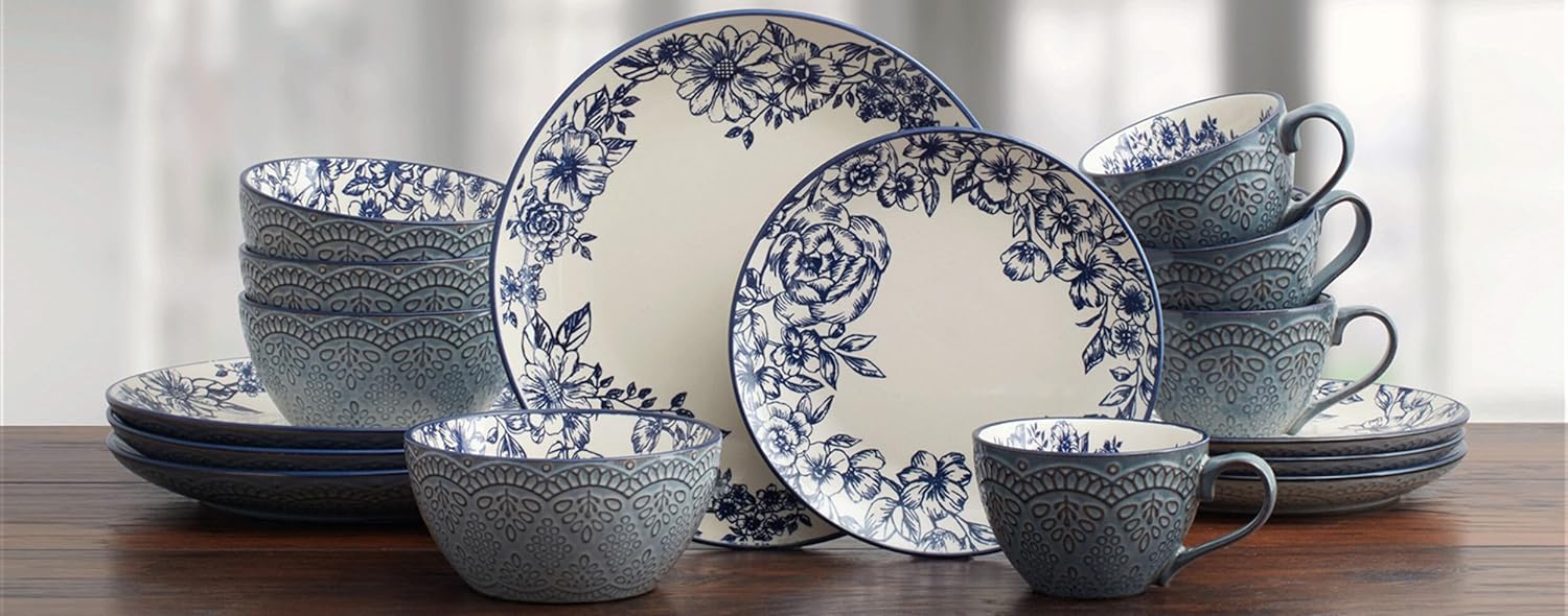 Pfaltzgraff Gabriela Blue 16-Piece Dinnerware Set, Service for 4, Dura
