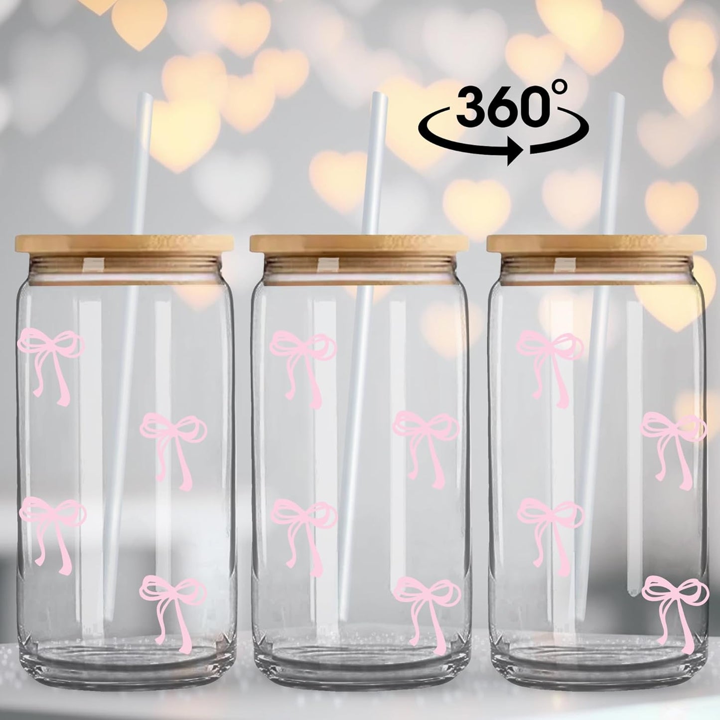 Coquette Cute Pink Bow Glass Cups with Lids and Straws, Aesthetic Iced Coffee Cup, Girly Preppy Design Tumbler Mug, Valentines Christmas Birthday Gifts for Women, Teen Girl Gifts Trendy Stuff