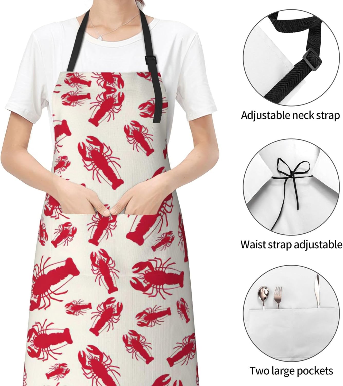 Red Lobster Print 28x33 In Adult Kitchen Apron with Pockets Versatile Chef Smock for Cooking Baking