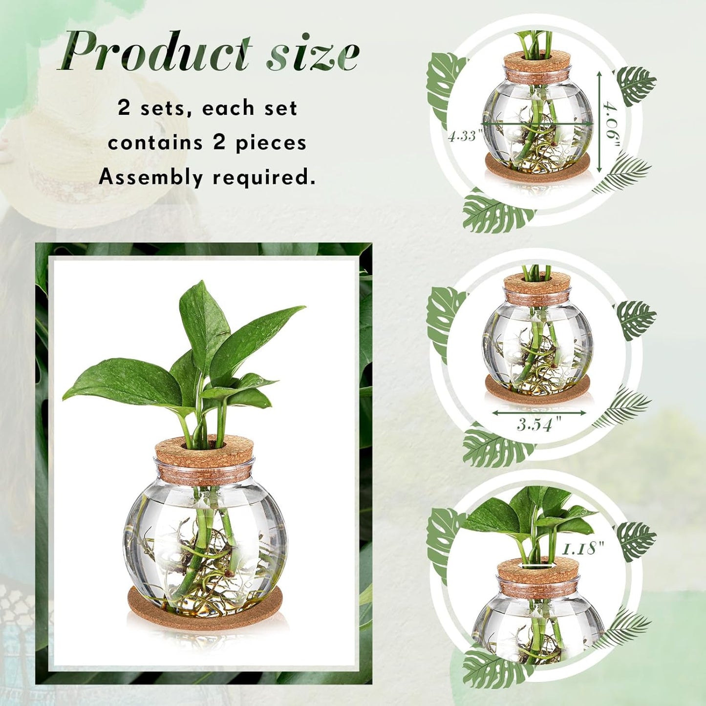 Baderke 2 Packs Propagation Vases for Plants Plastic Plant Propagation Station with Hole Lid and Cork Coasters Plant Growing in Water Hydroponic Home Office Table Decoration(Fish Bowl Style)