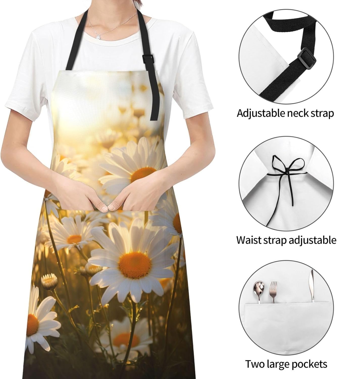 Daisy Flower print Waterproof apron with pocket adjustable cooking apron for adult kitchen bibs to bake