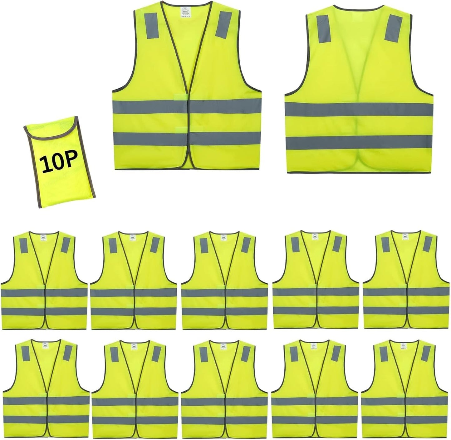 Safety Vests 10 Pack - Yellow Reflective High Visibility Construction 