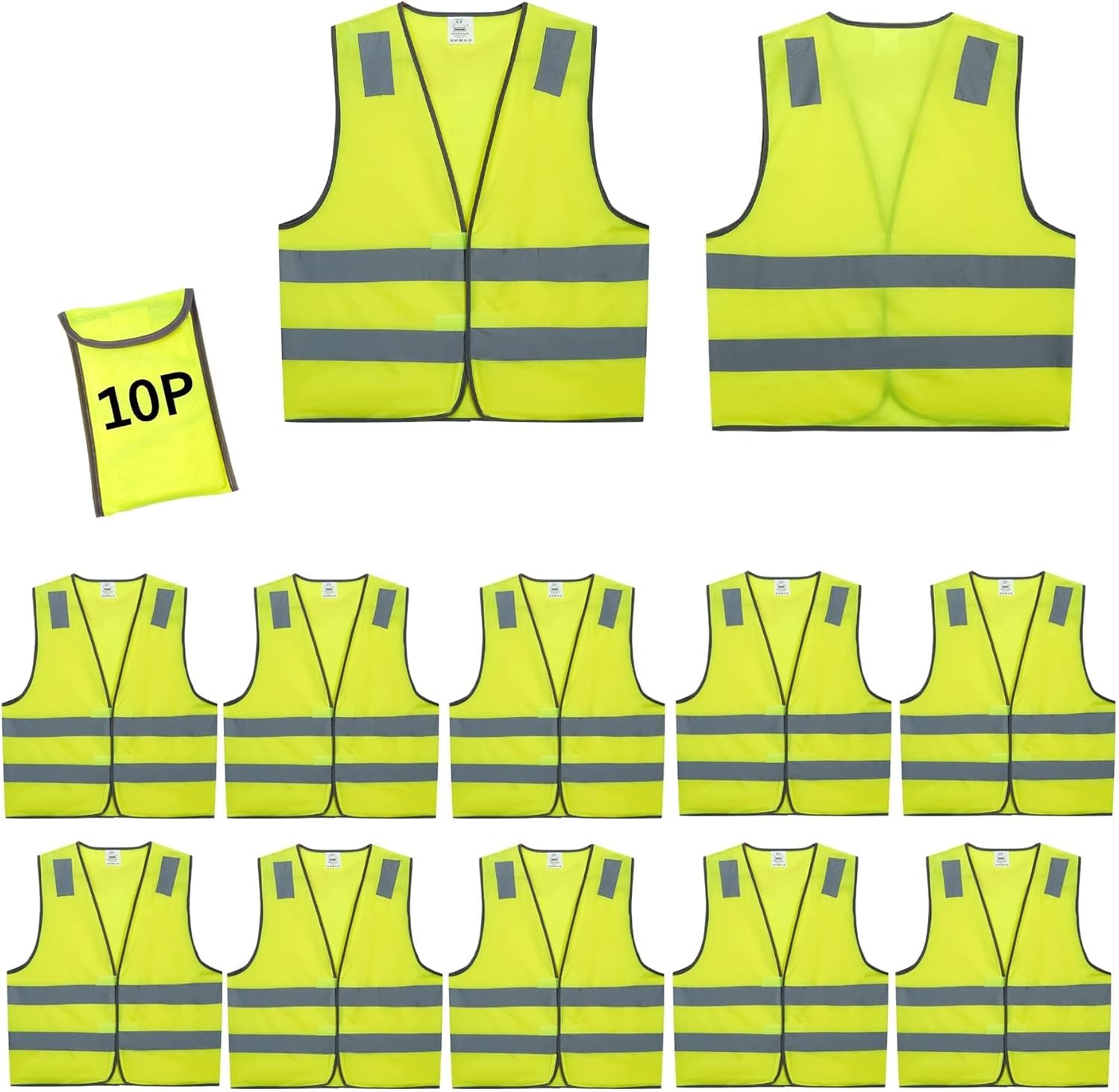 Safety Vests 10 Pack - Yellow Reflective High Visibility Construction 