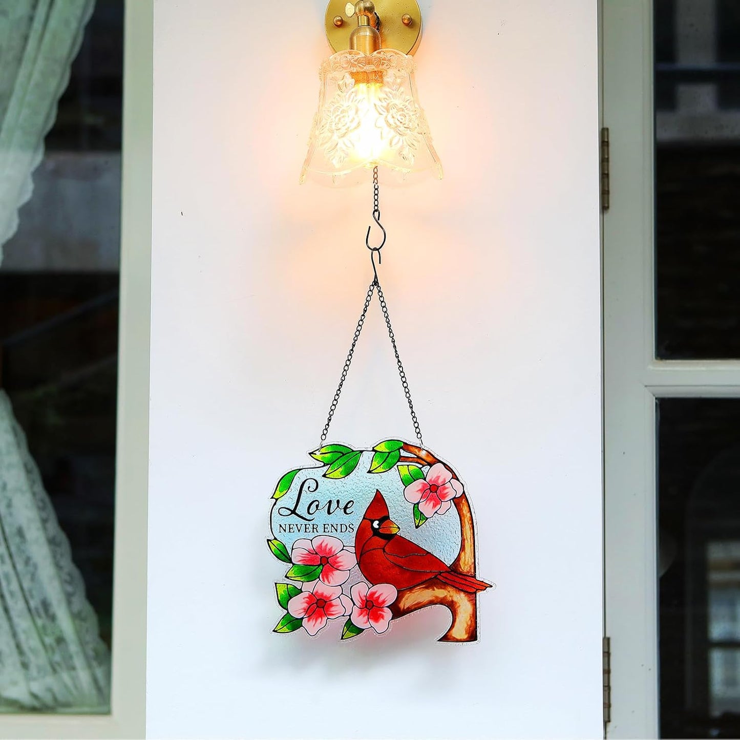 Stained Glass Window Hanging, Cardinal Birds Suncatchers Indoor Window, Sun Catchers Glass Panels Art Decor Gifts for Women