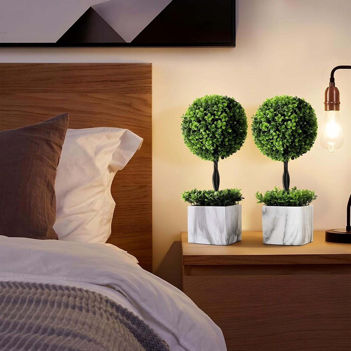 Lewondr 16'' Artificial Topiary Ball Tree, Small Potted Fake Plants, Artificial Boxwood Plants with White Planter Pot, Outdoor Indoor Realistic Faux Shrubs Tree for Home Office Porch Decor, Set of 2