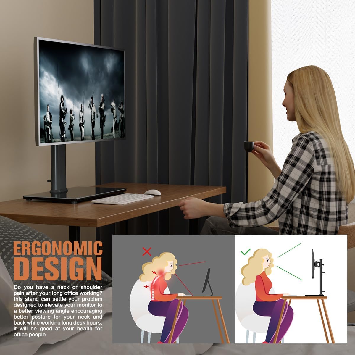 Single LCD Computer Monitor Free-Standing Desk Stand Mount Riser for 1