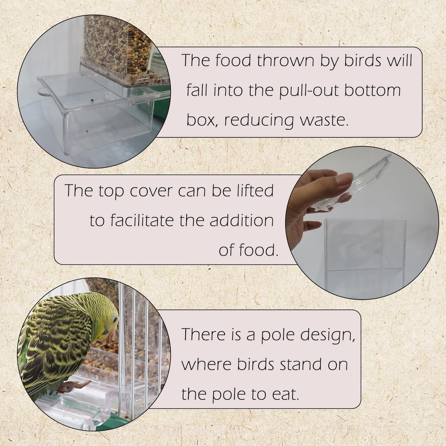 IBWell No Mess Automatic Bird Feeder for Cage - Parrot Feeder Inside Cage With Clear Perch and Acrylic Seed Food Container