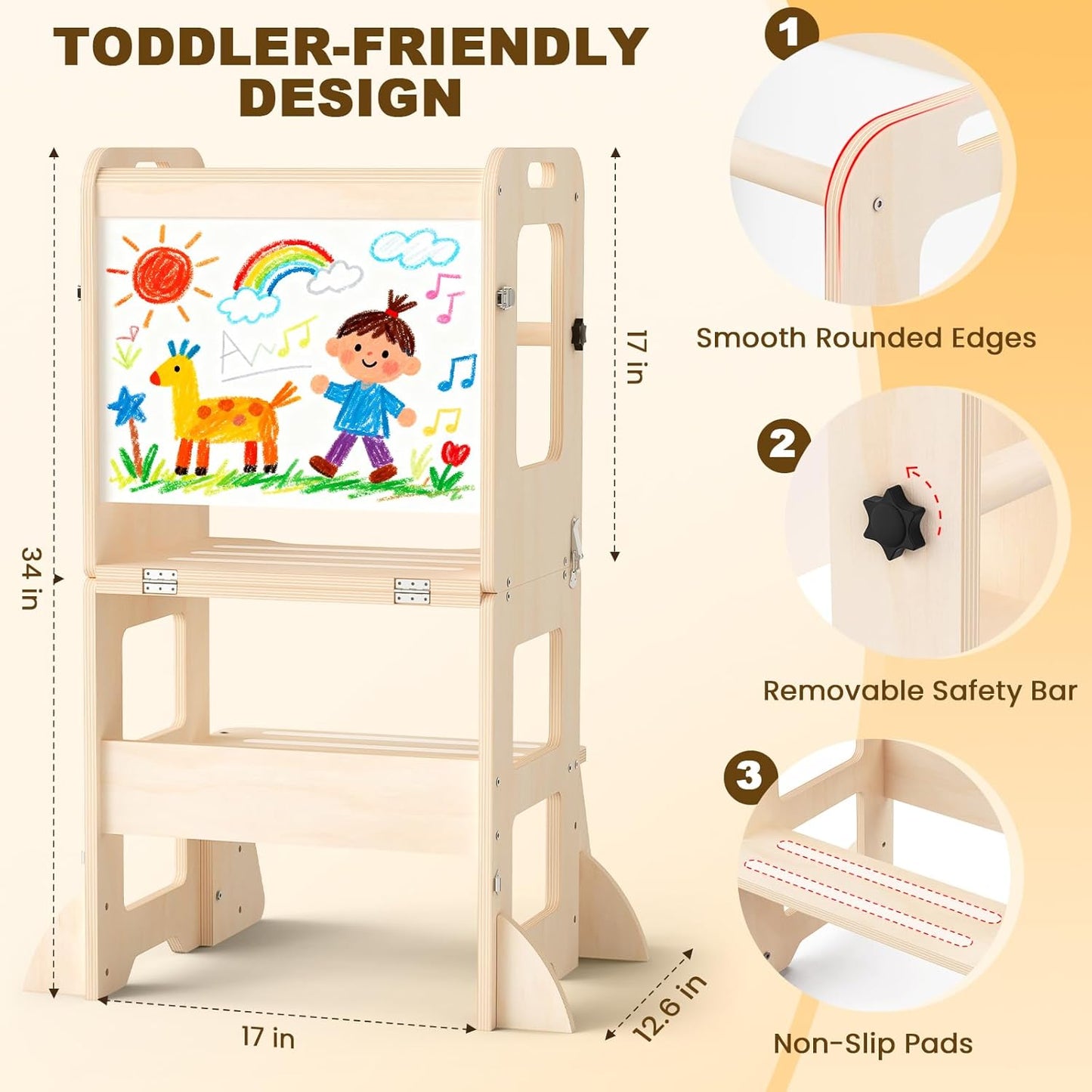 4-in-1 Toddler Kitchen Step Stool, Foldable Learning Standing Tower with Whiteboard, Wooden Kitchen Stool Helper for Kids, 1-3 Year Old Boy Girl Gifts