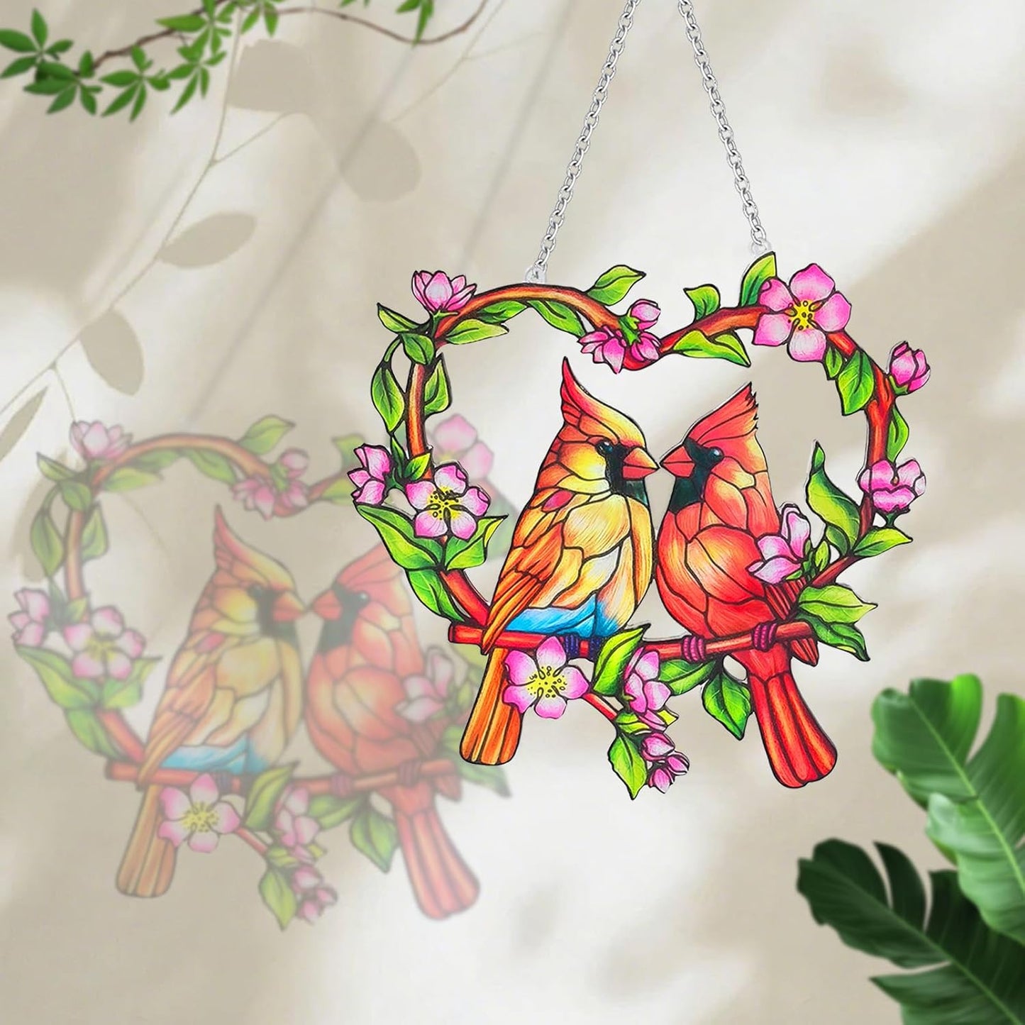 Stained Glass Window Hanging Cardinal Suncatcher, Red Cardinal Gifts for Women, velaboll 10 inch Cardinal Decor for Home Decor, Garden, Patio, Gift for Nature and Bird Lovers