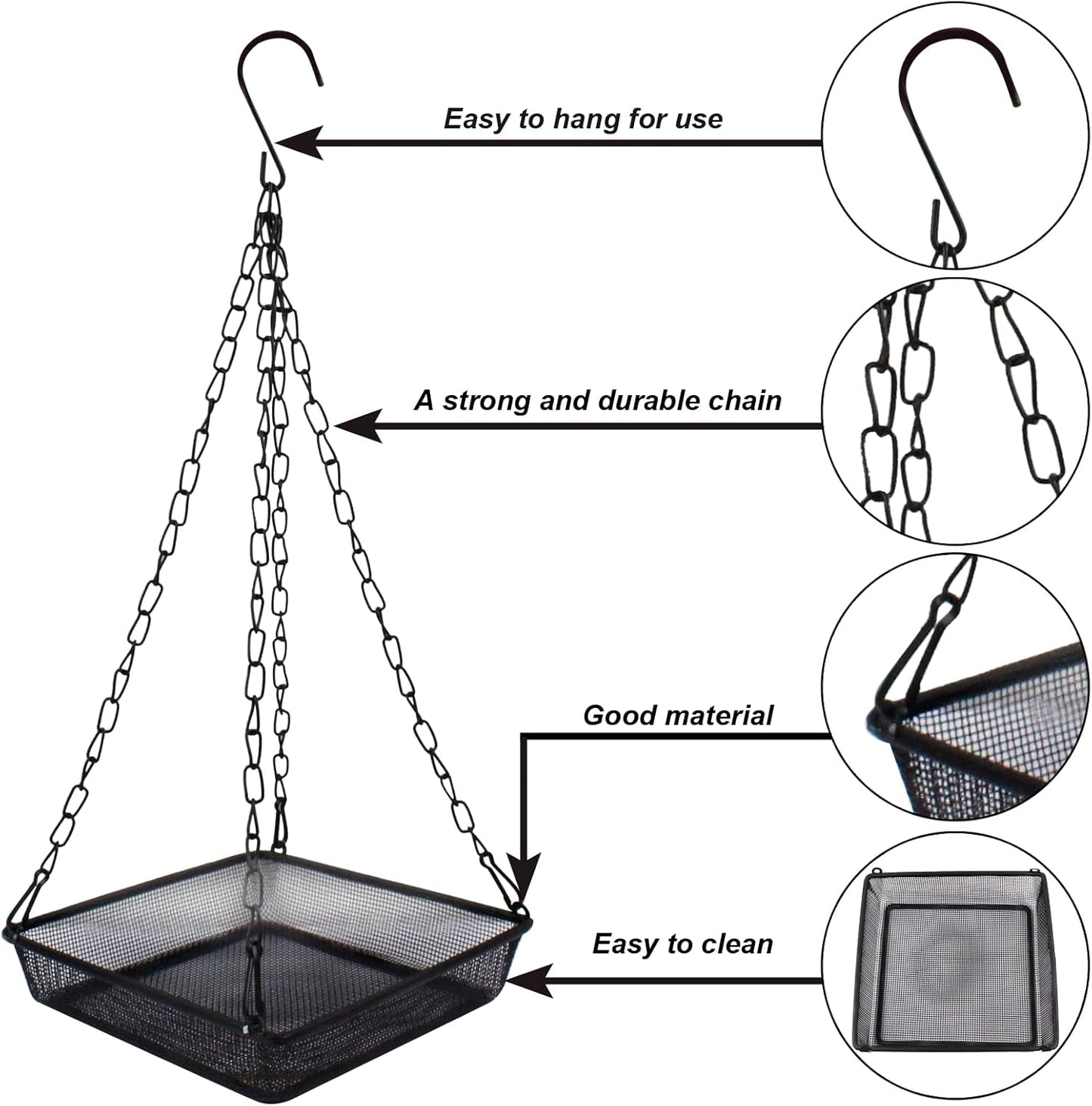 2 Pack Hanging Bird Feeder Tray 6.7 Inch Square Metal Mesh Seed Holder, Durable Metal Mesh Feeders with Chains for Attracting Various Species of Wild Birds