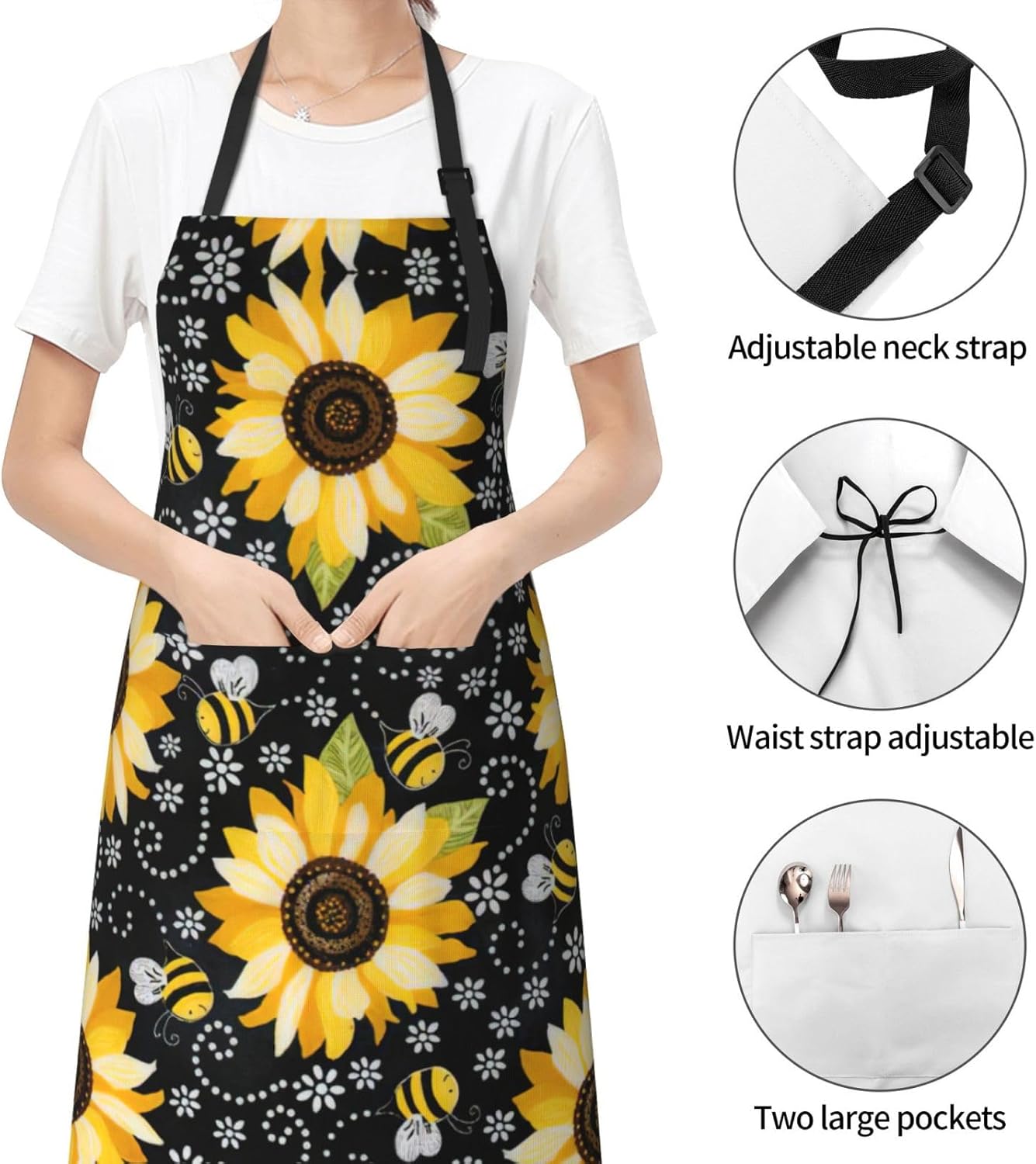 Sunflower bee Print Laundry apron 28x33 In Waterproof Kitchen Apron with Pockets for Cooking Baking