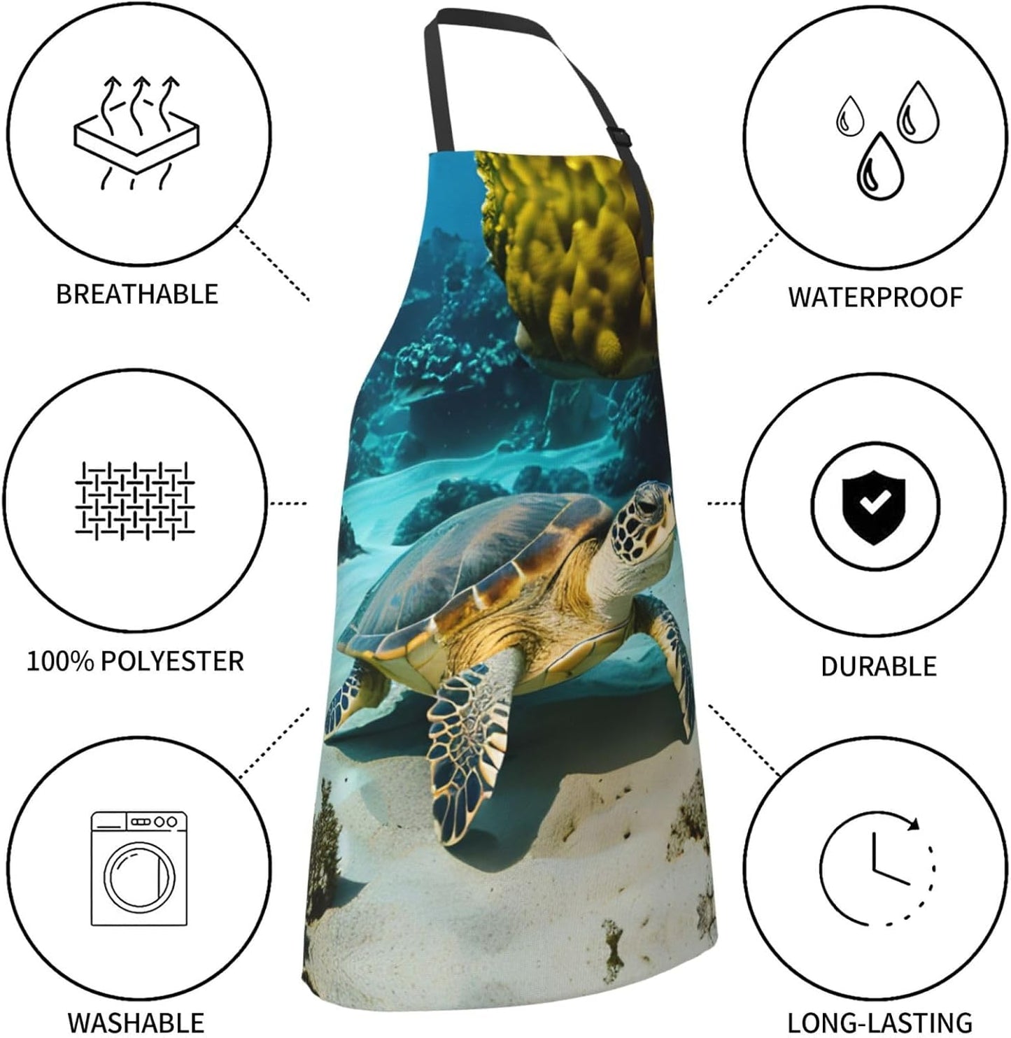 Sea Turtle Print 28x33 In Adult Kitchen Apron with Pockets Versatile Chef Smock for Cooking Baking