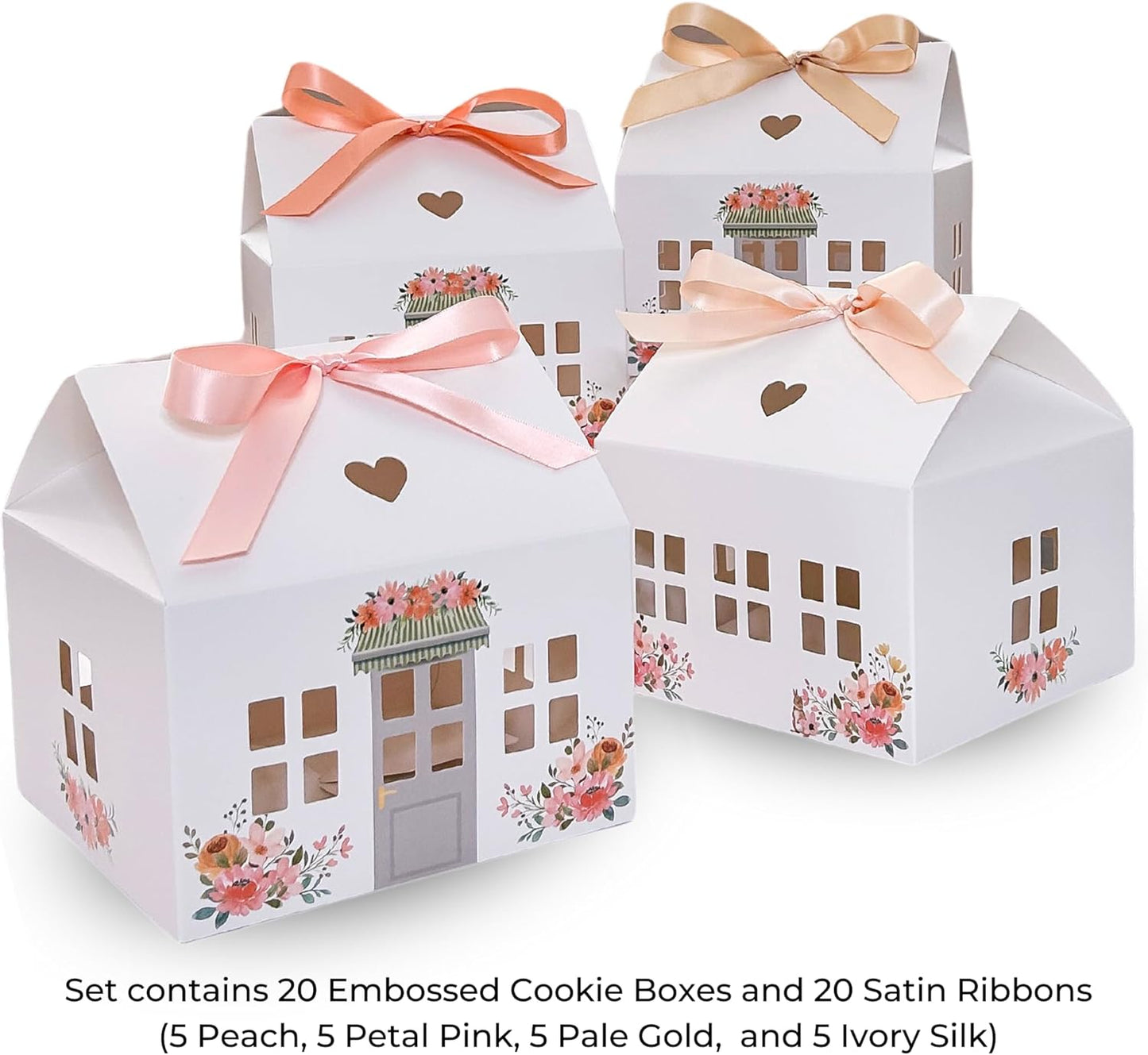 20 Pcs Garden Small House Shaped Gift Boxes with Ribbons House Boxes for Treats, Treat Boxes for Dessert, Fancy Cookie Boxes for Gift Giving, White Gable Box, Bakery Boxes