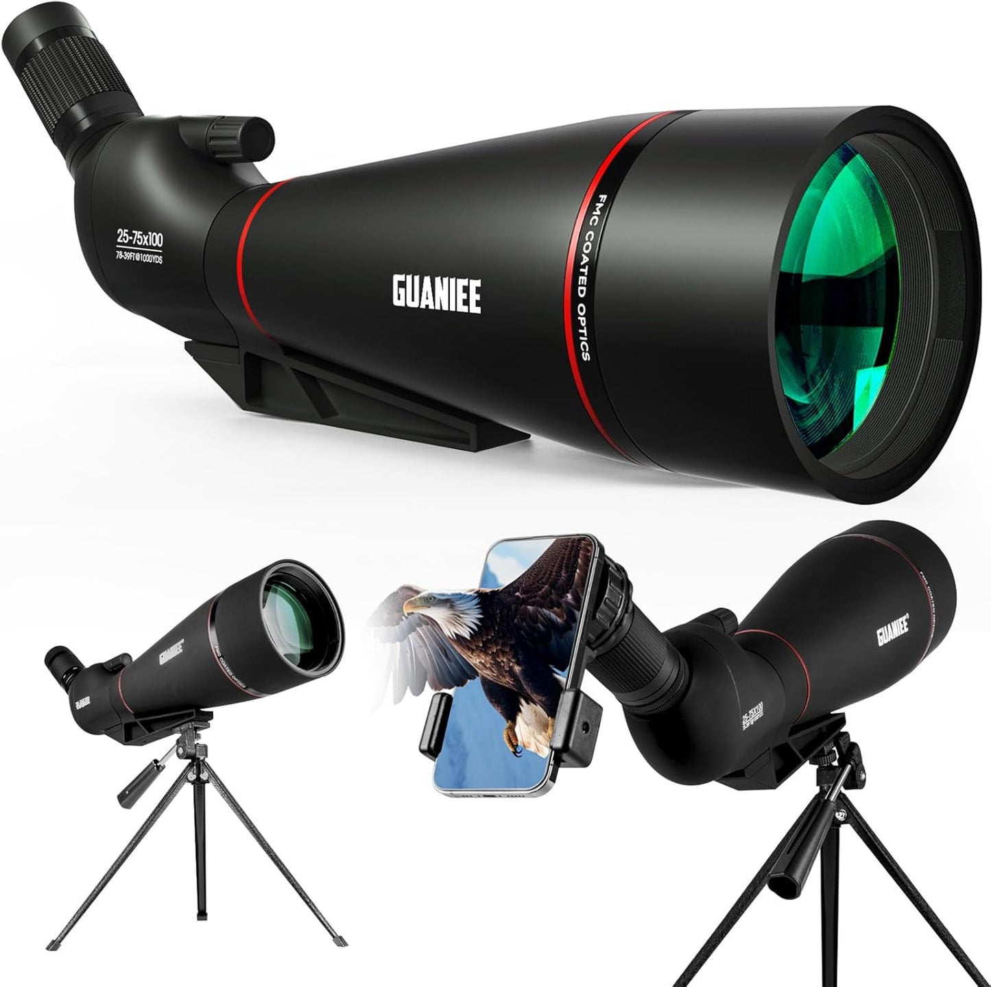 25-75x100 Spotting Scope for Target Shooting with Tripod Phone Adapter Carrying Bag Spotter Scope for Bird Watching, Wildlife Viewing Black