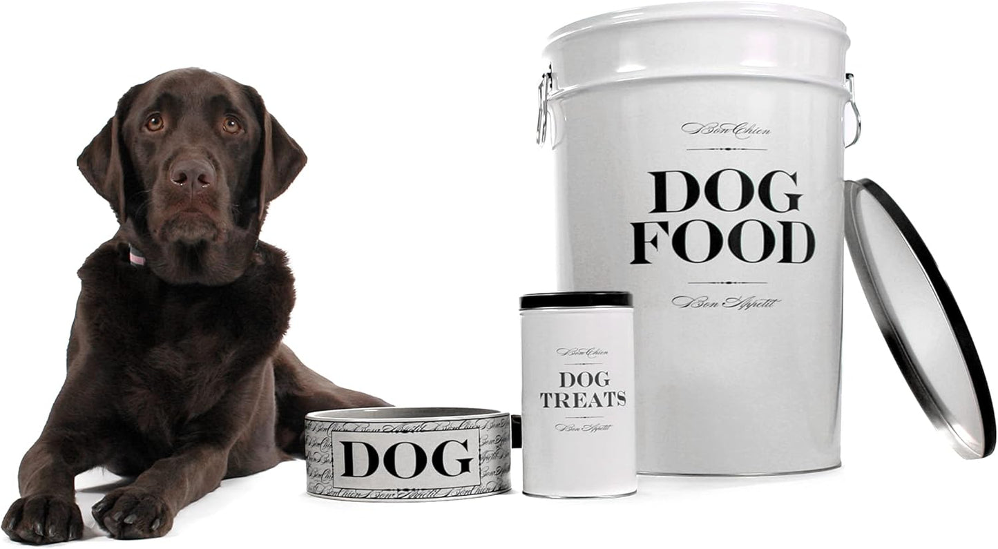 Harry Barker Bon Chien Dog Food Storage Canister – Medium 6.5 gallons, Airtight Stainless Steel Pet Food Container, Stylish Kitchen Counter Dog Kibble Storage with Easy-Open Lid - White