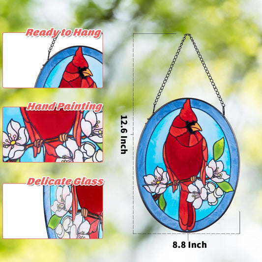 MUMTOP Stained Glass Window Hanging - 2 Pack Cardinal Suncatcher Hanging Ornaments Wall Art, Hand-Painted Glass Panel Home Decor for Grandma Gift Idea