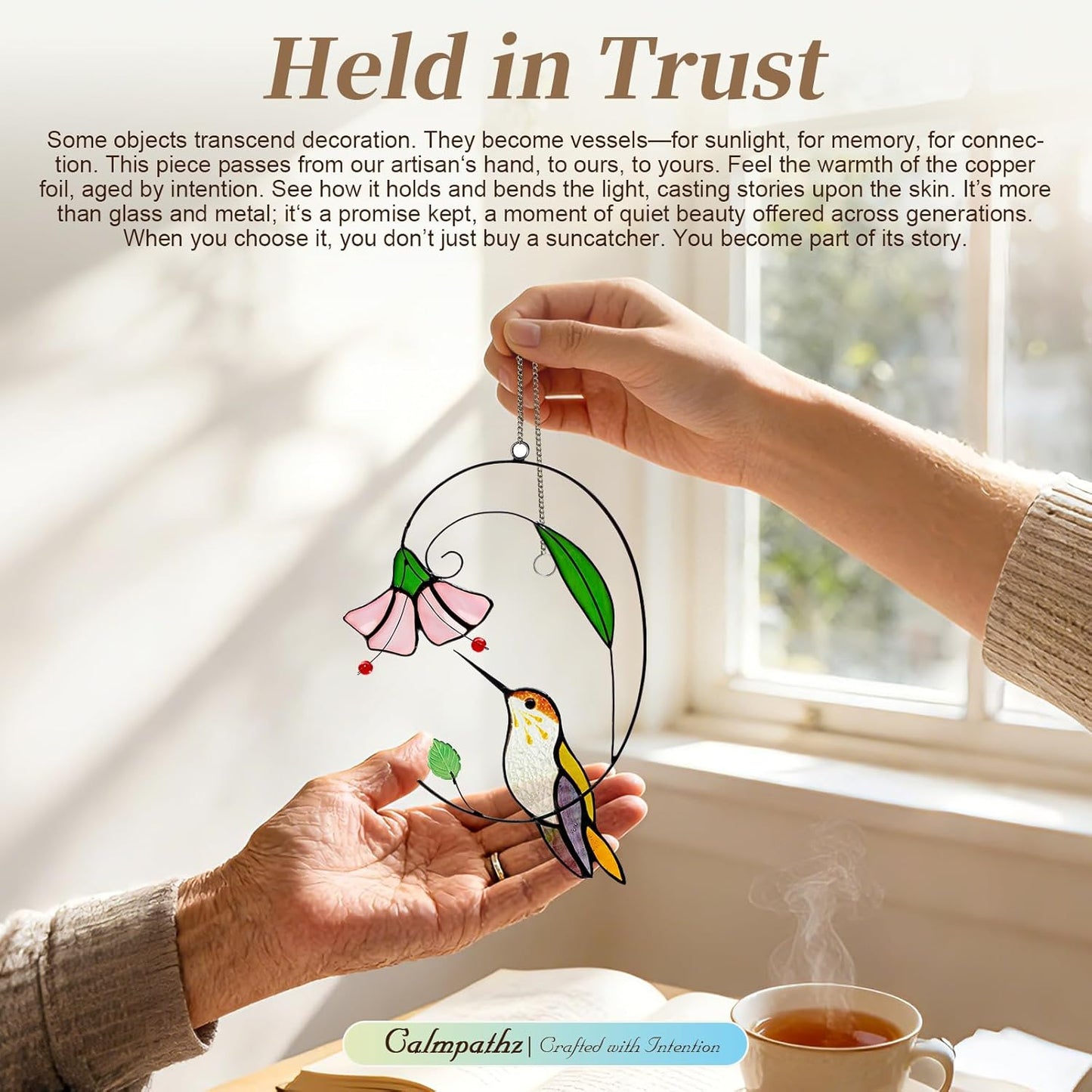 Handmade Tiffany Copper Foil Stained Glass Hummingbird Suncatcher - 8 