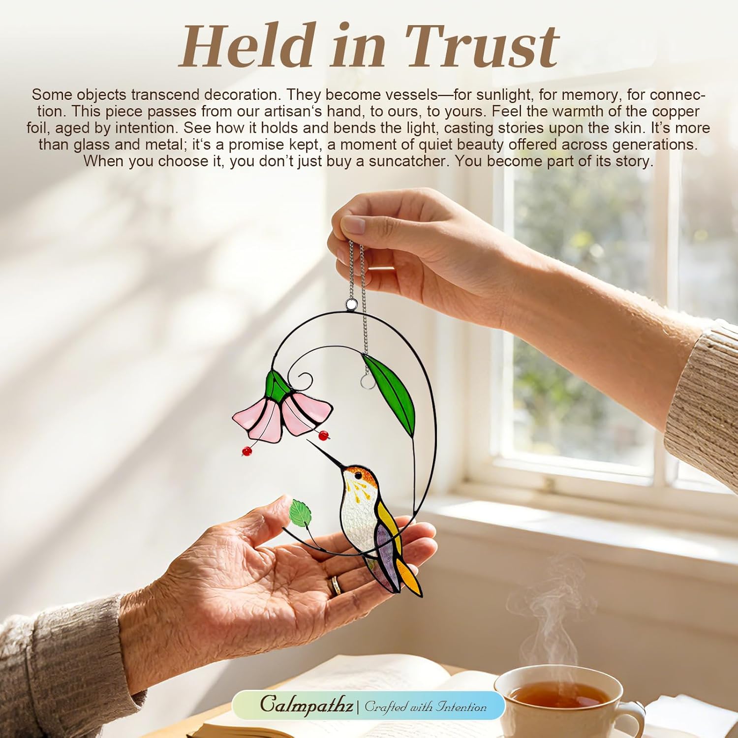 Handmade Tiffany Copper Foil Stained Glass Hummingbird Suncatcher - 8 