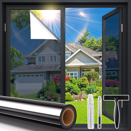 Coavas One Way Privacy Window Film with Tools, Window Tint Adhesive Shatterproof Film for Home, Premium PET Heat Control Daytime Reflective Mirror Coverings, Black, 17.5 x 78.7 Inch