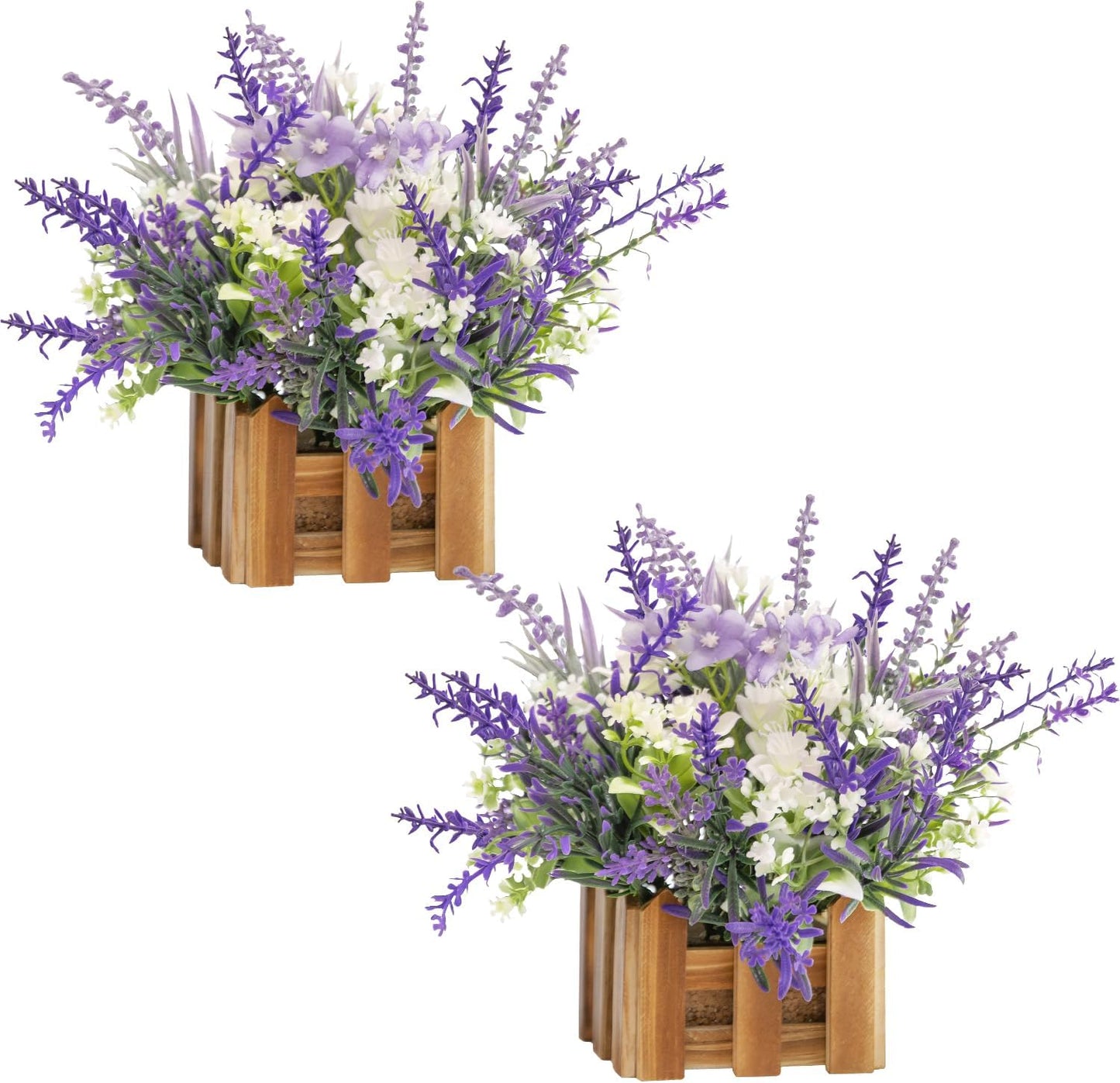 WELL KNOWN Artificial Lavender Plants in Wooden Baskets, Artificial Mini White Flower Arrangement in Planter for Home Hotel Office Table Wedding Centerpieces & Gift(Set of 2)