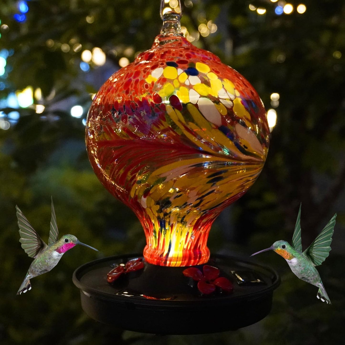 Hummingbird Feeder with Solar Powered Lights, Easy Clean Hole Handblown Glass Hummingbird Feeder for Outdoors Hanging, Red/Black