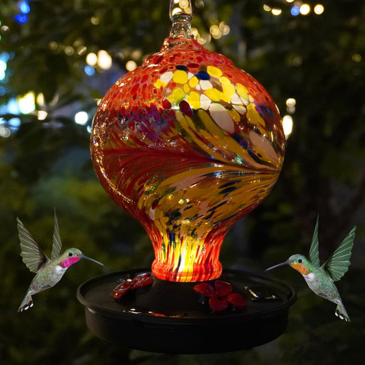 Hummingbird Feeder with Solar Powered Lights, Easy Clean Hole Handblown Glass Hummingbird Feeder for Outdoors Hanging, Red/Black
