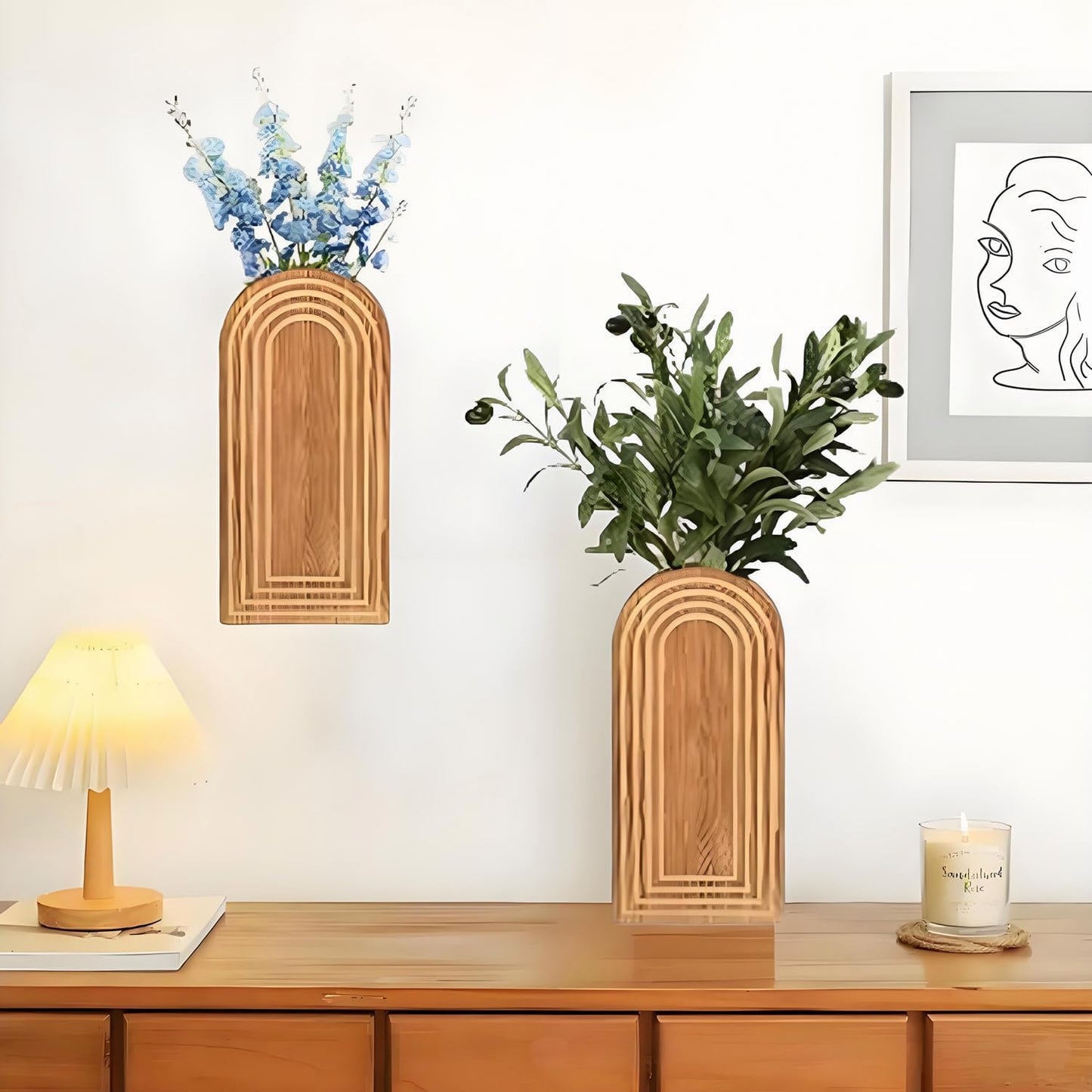 2 Pack Arched Wooden Wall Vases, Boho Wall Mounted Flower Vases with Ripple Texture, Modern Farmhouse Wall Decor for Dried Flowers, Greenery, Bathroom, Bedroom, Living Room (Natural Wood)