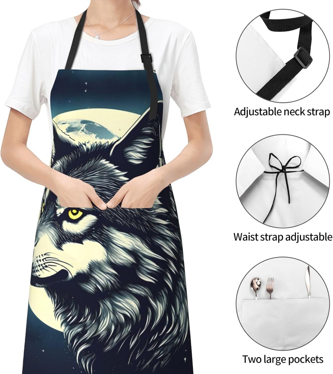Wolf Night Moon Print 28x33 In Adult Kitchen Apron with Pockets Versatile Chef Smock for Cooking Baking