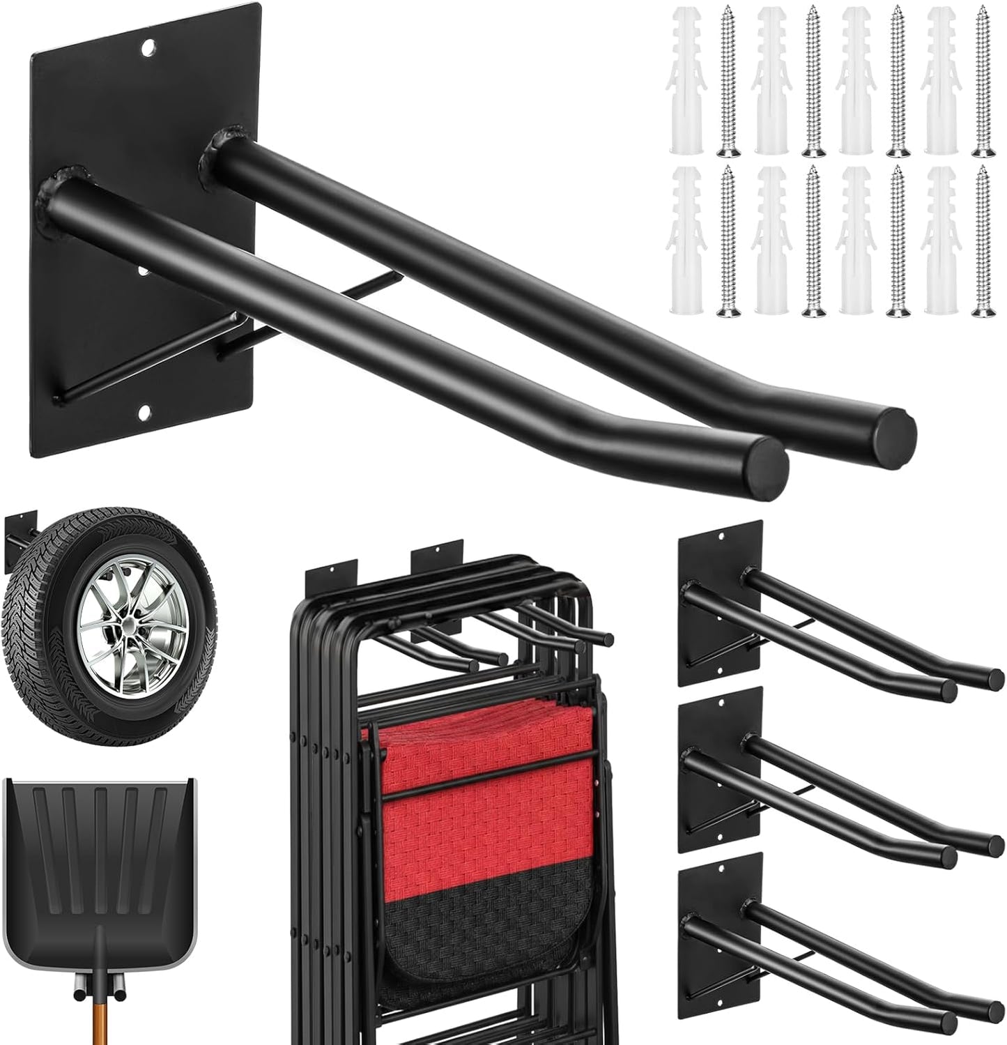12.6'' Heavy Duty Garage Hooks, 4 Pack Garage Storage Hooks with Support Rods, Utility Wall Mount Hangers for Power Tools, Car Tires, Ladders, Chairs, Garden Tools and More