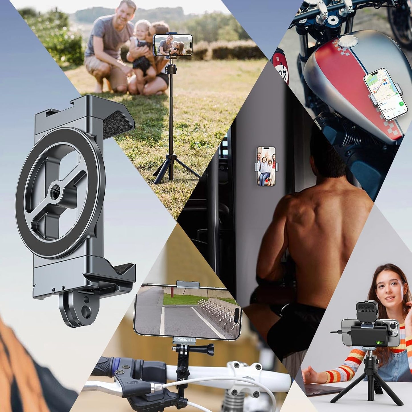 Metal Phone Tripod Mount with Arca Port & Magnetic 1/4"-20 Action Camera Adapter, Adjustable Smartphone Tripod Adapter Clamp Cell Phone Stand Holder Compatible with iPhone 16 Plus PRO Max GoPro